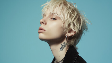 A confident non-binary person in their early 30s with short platinum blonde hair and a septum piercing