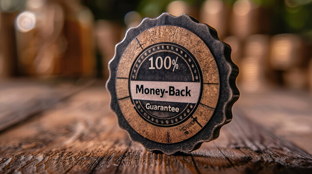 100% Money Back Guarantee Seal on a Wooden Surface