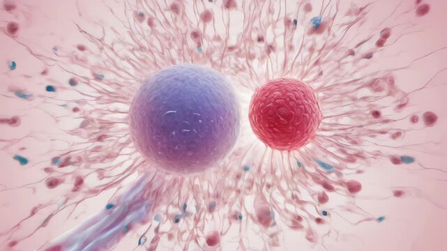 Macro view through a microscope of the process of in vitro fertilization of a female egg with a sperm cell in an IVF bowl in a laboratory. Horizontal. . Generative AI