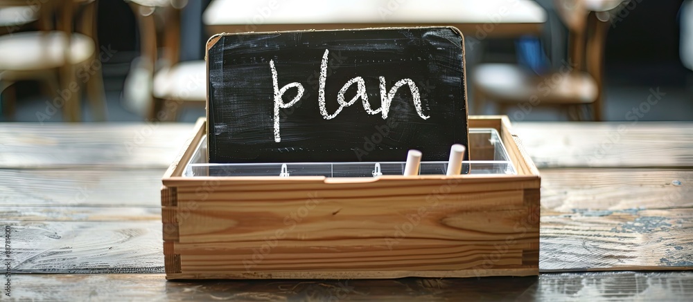 Aufkleber wooden box on white table with blackboard written plan and white chalks perfect for a copy space ima