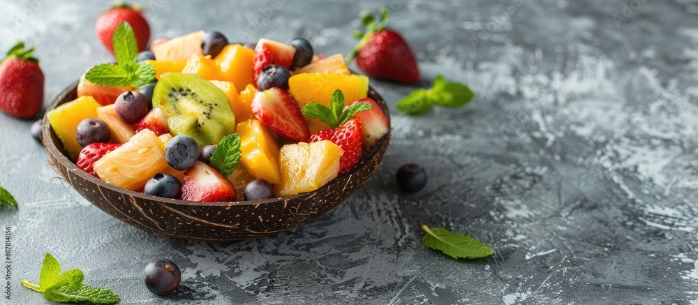 Poster Vegan concept with a delicious fruit salad in a coconut bowl on a gray background with a text space ideal for a copy space image