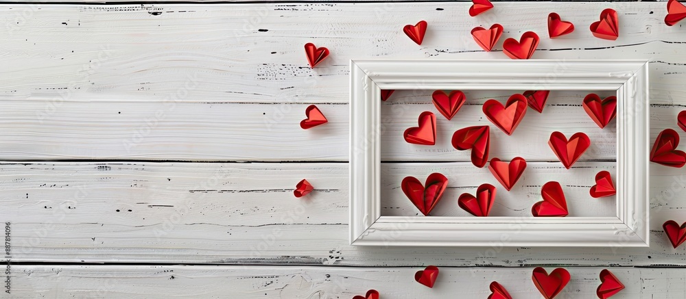 Aufkleber Valentine s Day themed mockup featuring a white photo frame adorned with red paper hearts on a white wooden background Top view flat lay with ample copy space image available