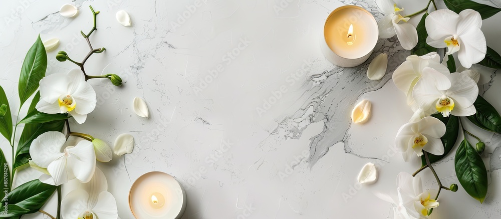 Aufkleber Create a soothing spa ambiance for a massage with candles orchids and a white backdrop in this top down view frame with copy space image