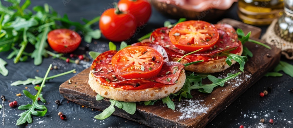 Aufkleber a cheese pizza burger filled with tomatoes bacon pepperoni salami and arugula displayed in a copy sp