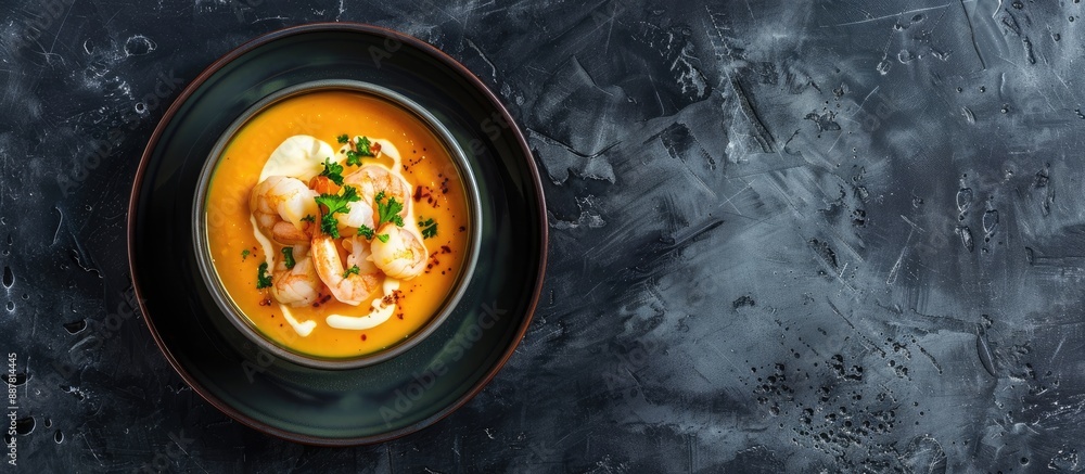 Aufkleber Shrimp and cream top a pumpkin or carrot soup bowl on a black backdrop in a flat lay style with copy space for custom text or design