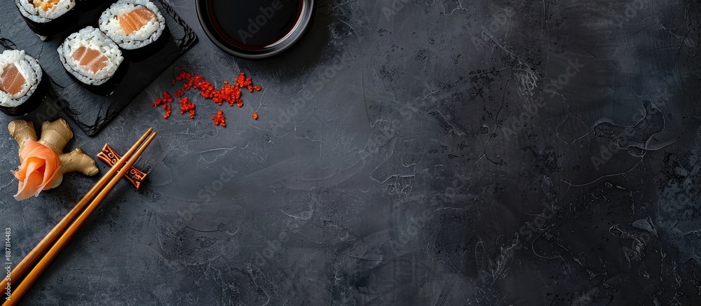 Fototapete A sushi arrangement on a dark slate background complemented by soy sauce ginger and chopsticks with room for a text or image. with copy space image. Place for adding text or design