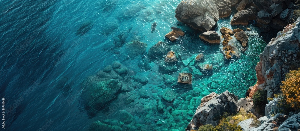 Poster Aerial view of the ocean and stone with a scenic seascape as the backdrop showcasing various tones of turquoise copy space image