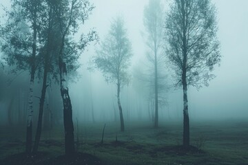 Obraz premium Foggy Forest Landscape Background. Misty Morning in Fantasy Woods with Spooky Trees