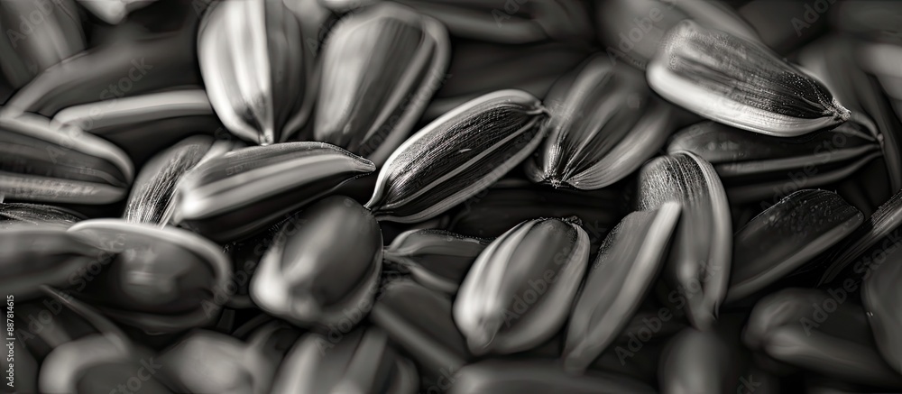 Poster freshly harvested black and white sunflower seeds close up creating a macro background with copy spa