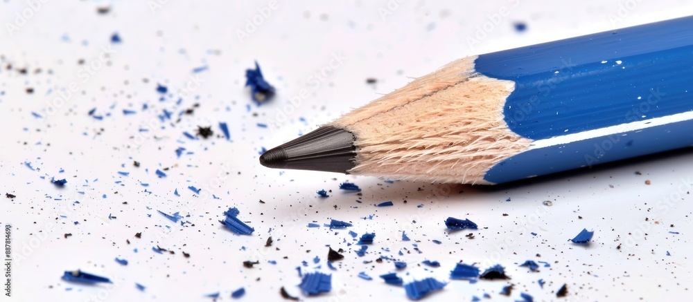 Poster A blue pencil with an eraser set against a white backdrop captured in a close up shot with room for adding text in the image. with copy space image. Place for adding text or design