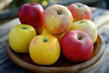Fresh Apples on Wooden Plate. Variety of Red and Yellow Apples. Healthy and Colorful Fruit Selection