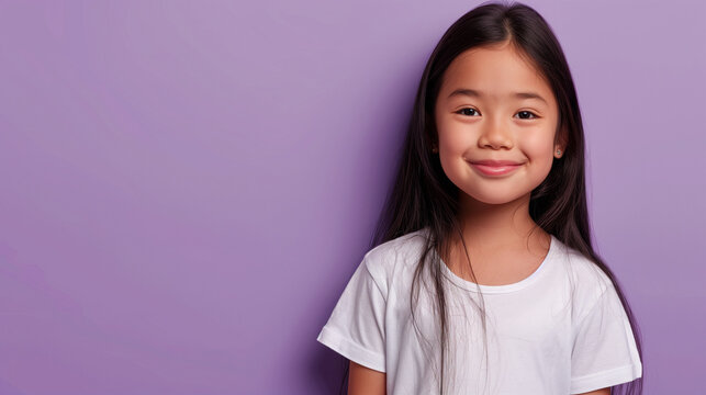 A happy Gen Alpha girl around 6 years old with long black hair