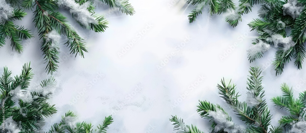 Aufkleber fir tree christmas frame on snowy white backdrop with copy space image