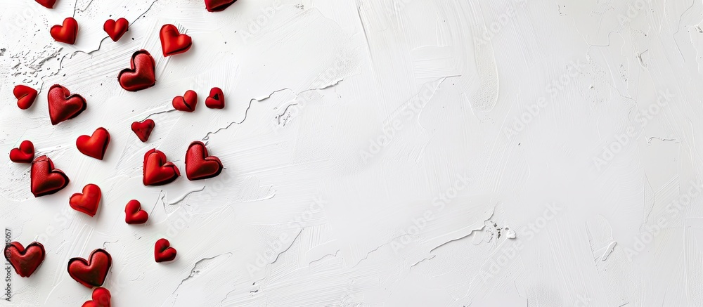 Poster valentine s day romantic flat lay with red hearts on a white background perfect for a copy space ima