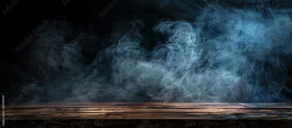 Aufkleber a dark background showcases an empty wooden table with smoke rising providing a copy space image for