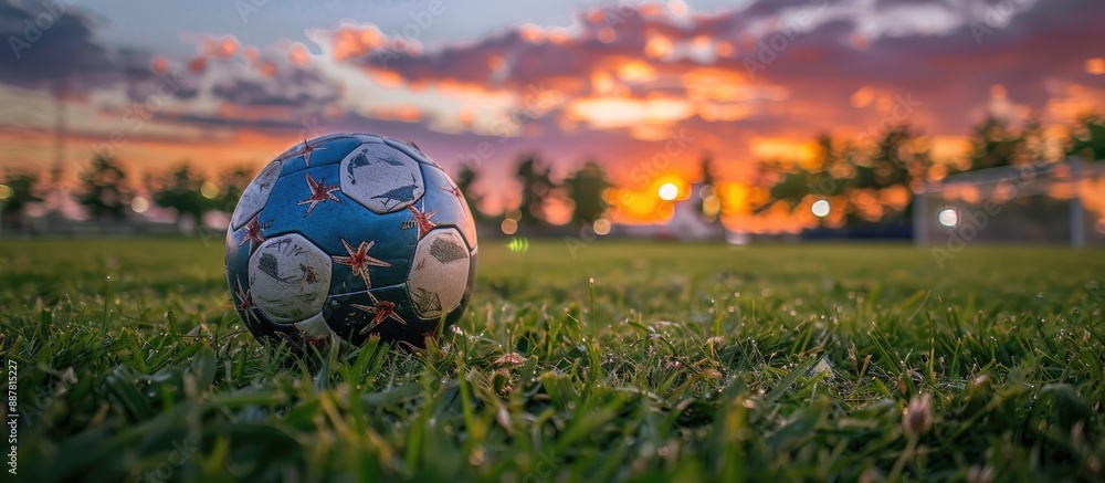Aufkleber View from the ground of a soccer ball on the grass with a field in the background featuring copy space image