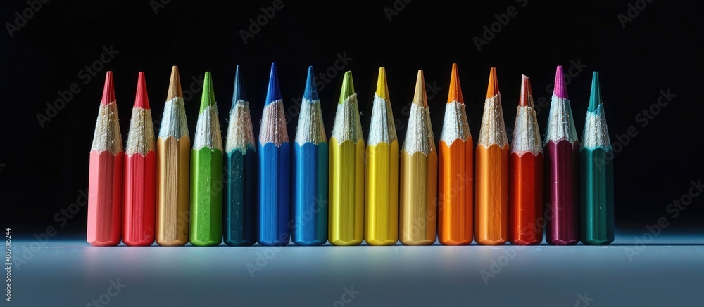 Poster Colored pencils displayed on a white surface with a black background creating a striking copy space image