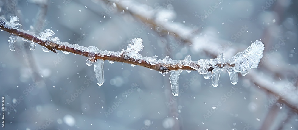 Aufkleber Selective focus on an icicle formed on a frozen branch during an ice storm suitable for a copy space image