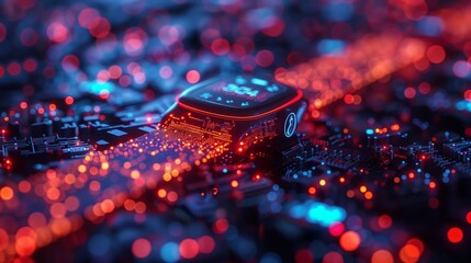 A close-up image of a wearable biosensor resting on a circuit board. The sensor is illuminated by red and blue lights, creating a futuristic aesthetic.