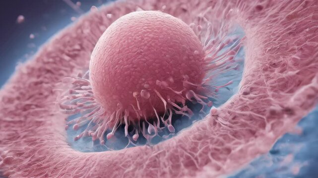 Macro view through a microscope of the process of in vitro fertilization of a female egg with a sperm cell in an IVF bowl in a laboratory. Horizontal. . Generative AI