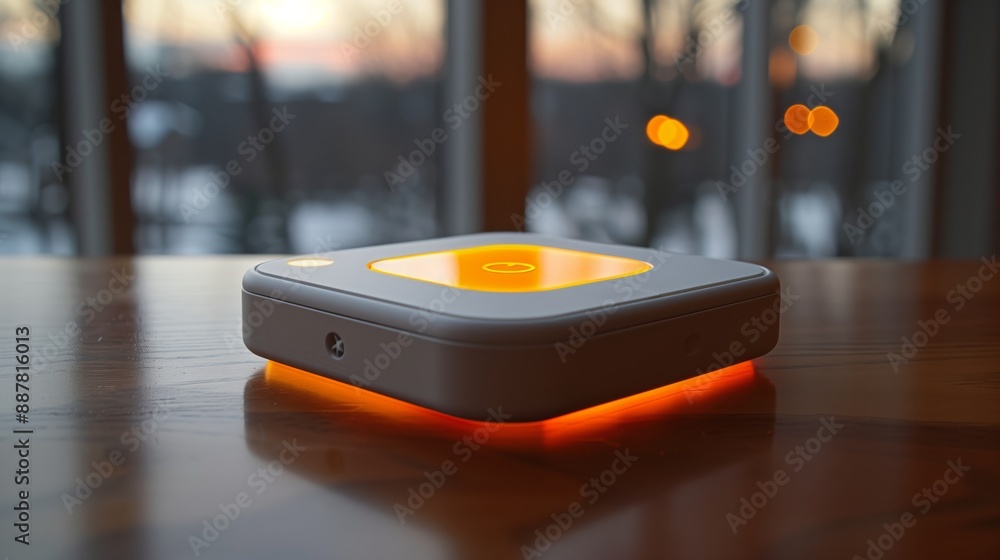Poster a small, square device with an orange glow sits on a wooden table. it is a lab on a chip device that