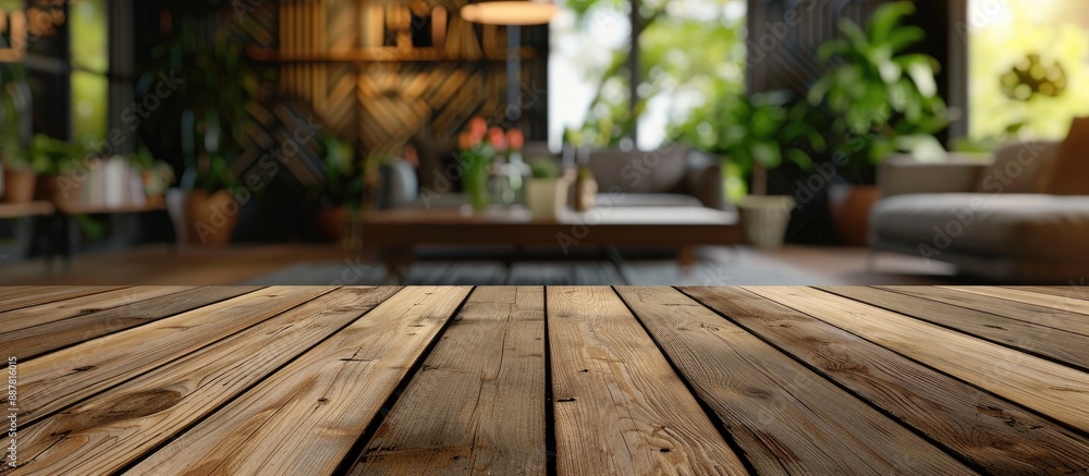 Poster empty copy space image on a wooden table with a blurred background in a room interior