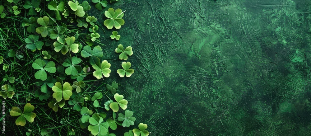 Poster st patrick s day celebration with clover leaves on green grass in a flat lay composition featuring c