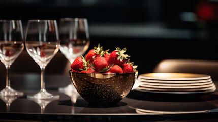 Bowl of fresh strawberries with glasses of champagne