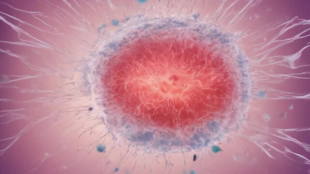 Macro view through a microscope of the process of in vitro fertilization of a female egg with a sperm cell in an IVF bowl in a laboratory. Horizontal. . Generative AI