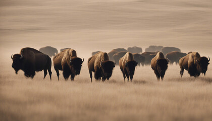 A herd of bison roaming the prairie, midday.

