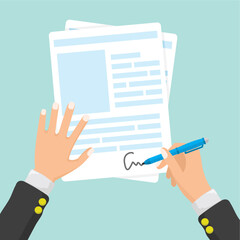 concept illustration of a businessman's hand signing a document,flat style vector illustration.