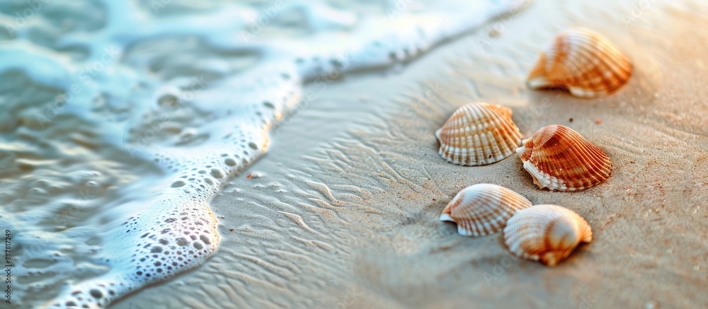 Poster A beach setting with shells on sand textured surface focused copy space image