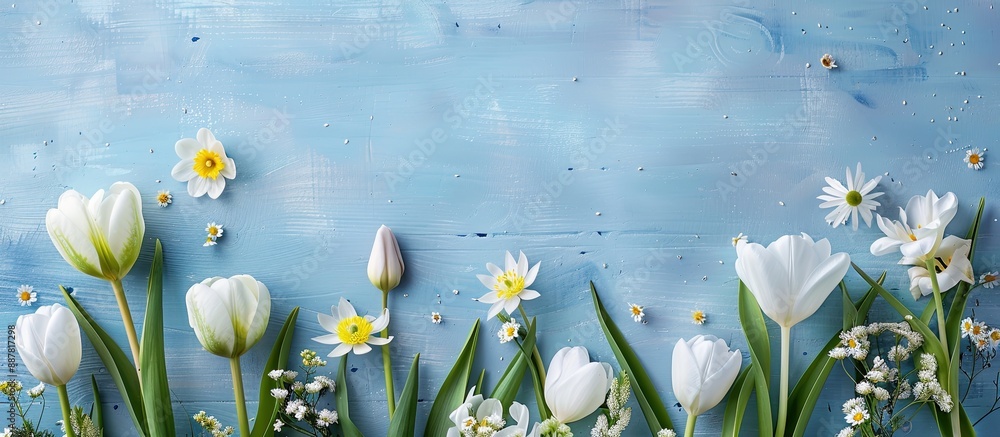 Aufkleber simple flatlay background with artificial spring flowers on a light blue wooden table providing copy