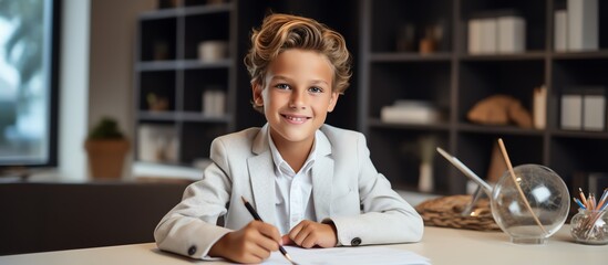 Happy school boy writing at a desk, looking at the camera and smiling while doing homework in the style of a modern home office room with white shelves