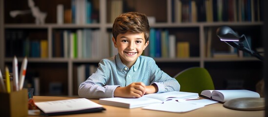 Happy school boy writing at a desk, looking at the camera and smiling while doing homework in the style of a modern home office room with white shelves