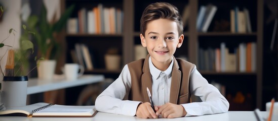 Happy school boy writing at a desk, looking at the camera and smiling while doing homework in the style of a modern home office room with white shelves
