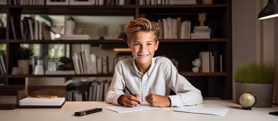 Happy school boy writing at a desk, looking at the camera and smiling while doing homework in the style of a modern home office room with white shelves