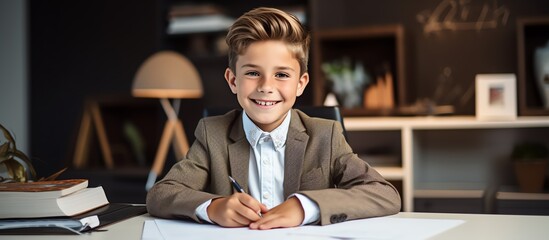 Happy school boy writing at a desk, looking at the camera and smiling while doing homework in the style of a modern home office room with white shelves