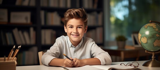 Happy school boy writing at a desk, looking at the camera and smiling while doing homework in the style of a modern home office room with white shelves