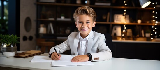 Happy school boy writing at a desk, looking at the camera and smiling while doing homework in the style of a modern home office room with white shelves