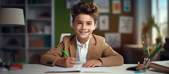 Happy school boy writing at a desk, looking at the camera and smiling while doing homework in the style of a modern home office room with white shelves