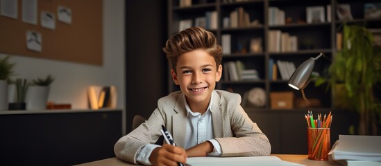 Happy school boy writing at a desk, looking at the camera and smiling while doing homework in the style of a modern home office room with white shelves