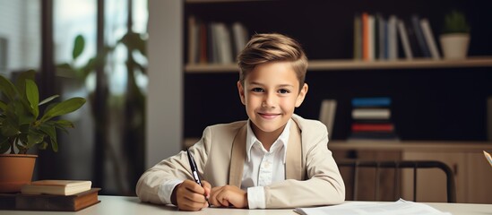 Happy school boy writing at a desk, looking at the camera and smiling while doing homework in the style of a modern home office room with white shelves