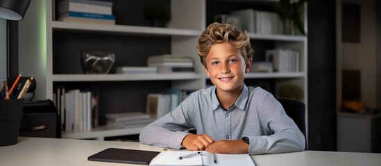 Happy school boy writing at a desk, looking at the camera and smiling while doing homework in the style of a modern home office room with white shelves