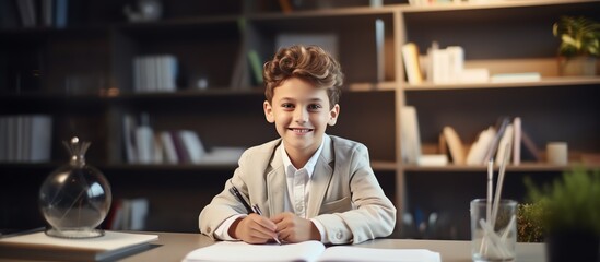 Happy school boy writing at a desk, looking at the camera and smiling while doing homework in the style of a modern home office room with white shelves