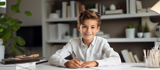 Happy school boy writing at a desk, looking at the camera and smiling while doing homework in the style of a modern home office room with white shelves