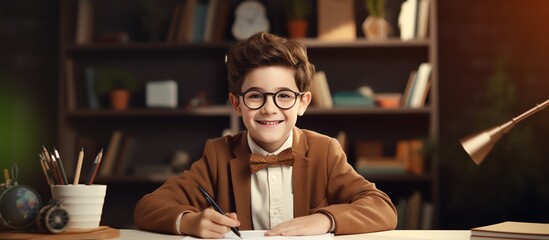 Happy school boy writing at a desk, looking at the camera and smiling while doing homework in the style of a modern home office room with white shelves