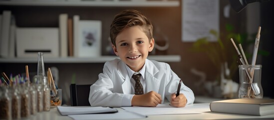 Happy school boy writing at a desk, looking at the camera and smiling while doing homework in the style of a modern home office room with white shelves