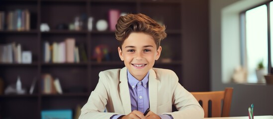 Happy school boy writing at a desk, looking at the camera and smiling while doing homework in the style of a modern home office room with white shelves