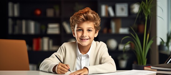 Happy school boy writing at a desk, looking at the camera and smiling while doing homework in the style of a modern home office room with white shelves